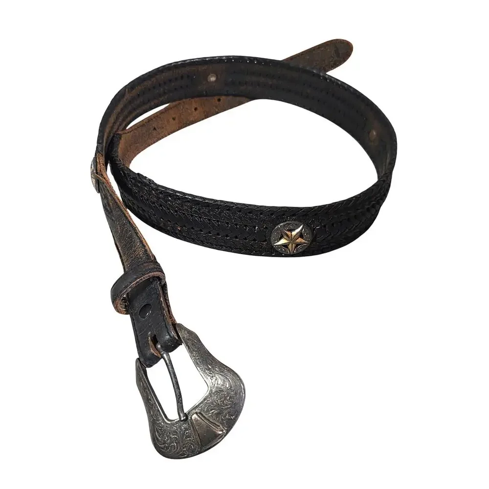 Vtg Braided Leather Western Star Concho BELT 40 Brown Silver Buckle Rodeo